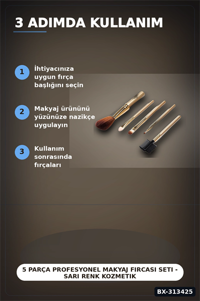 5 Parça Profesyonel Makyaj Fircasi Seti - Sarı Renk Kozmetik Far Allik Fondoten Fircasi BX-313425