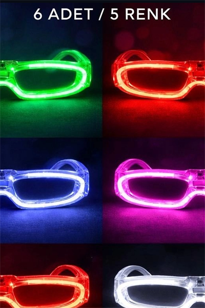 5 Renkli Pilli Led Işıklı Parti Gözlüğü 6 Adet Set - Glow Efektli Gece Aksesuarı BX-313766