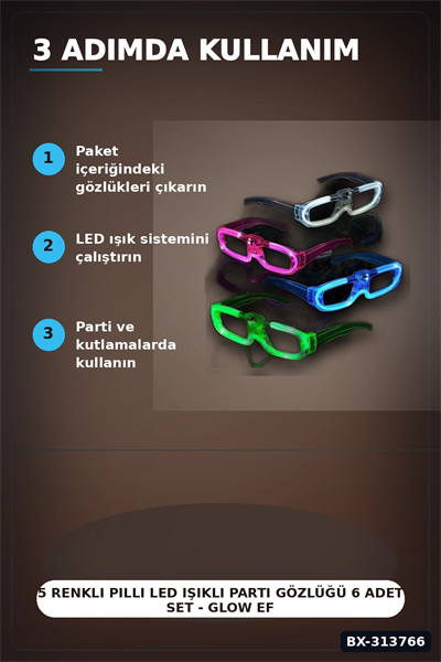 5 Renkli Pilli Led Işıklı Parti Gözlüğü 6 Adet Set - Glow Efektli Gece Aksesuarı BX-313766