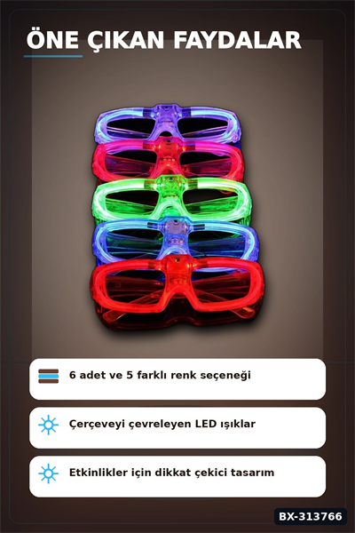 5 Renkli Pilli Led Işıklı Parti Gözlüğü 6 Adet Set - Glow Efektli Gece Aksesuarı BX-313766