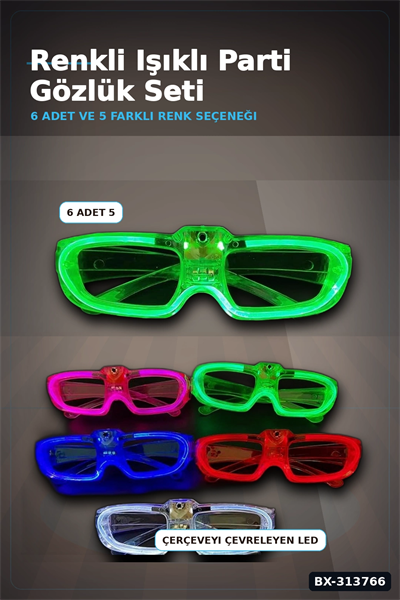 5 Renkli Pilli Led Işıklı Parti Gözlüğü 6 Adet Set - Glow Efektli Gece Aksesuarı BX-313766