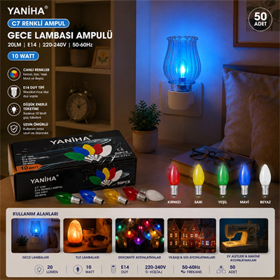 50 Adet Mix Renkli Gece Lambası Ampul E14 - 10w C7 Bx40