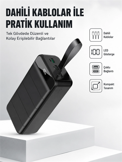 50.000 mAh Kapasiteli Powerbank – Hızlı Şarj Destekli, 4 USB Portlu, LED Işıklı Taşınabilir Enerji Deposu