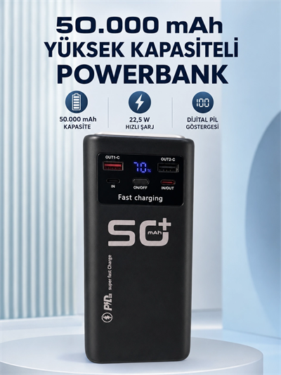 50.000 mAh Taşınabilir Powerbank 22,5 W Hızlı Şarj 4 Dahili Şarj Kablosu Dijital Ekran LED Aydınlatma ve Taşıma Sapı