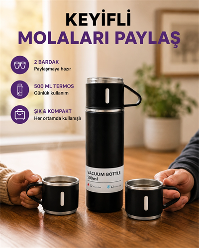 500 ml Isı Korumalı Çelik Termos ve Bardak Seti | Silikon Tabanlı, Şık ve Pratik