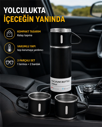 500 ml Paslanmaz Çelik Termos Seti – Sızdırmaz, Vakumlu, Isı Koruma Özellikli, Taşınabilir Termos