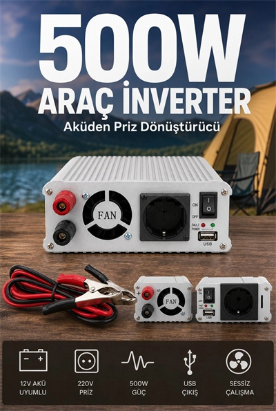 500W 12V Akü İnverteri 220V AC Çıkışlı USB Portlu Fanlı Güç Dönüştürücü Araç Karavan Kullanımı