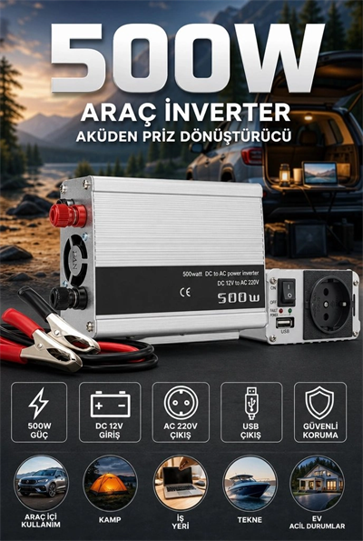 500W 12V Akü İnverteri 220V AC Çıkışlı USB Portlu Fanlı Güç Dönüştürücü Araç Karavan Kullanımı