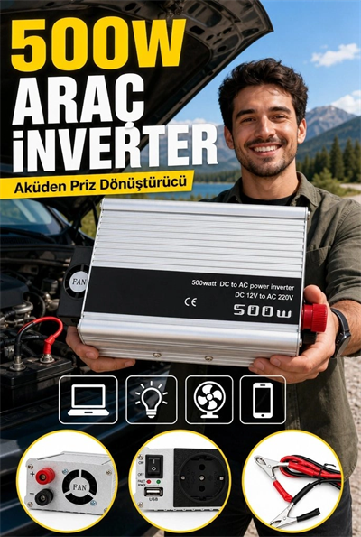 500W 12V Akü İnverteri 220V AC Çıkışlı USB Portlu Fanlı Güç Dönüştürücü Araç Karavan Kullanımı