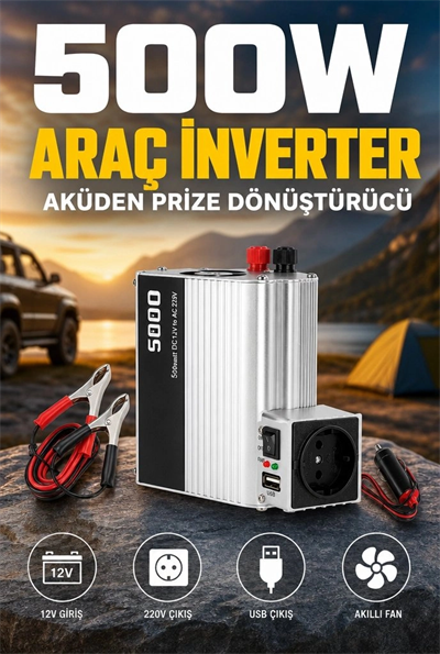 500W 12V Akü İnverteri 220V AC Çıkışlı USB Portlu Fanlı Güç Dönüştürücü Araç Karavan Kullanımı