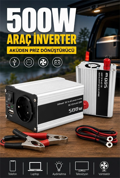 500W 12V DC 220V AC İnverter USB Çıkışlı Fanlı Akü Güç Dönüştürücü Araç Kullanımı