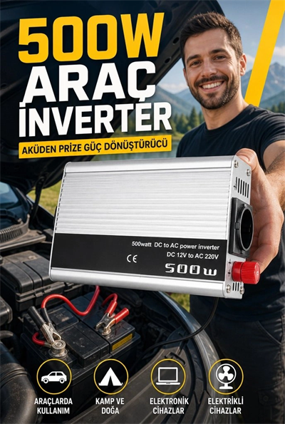 500W 12V DC 220V AC İnverter USB Çıkışlı Fanlı Akü Güç Dönüştürücü Araç Kullanımı