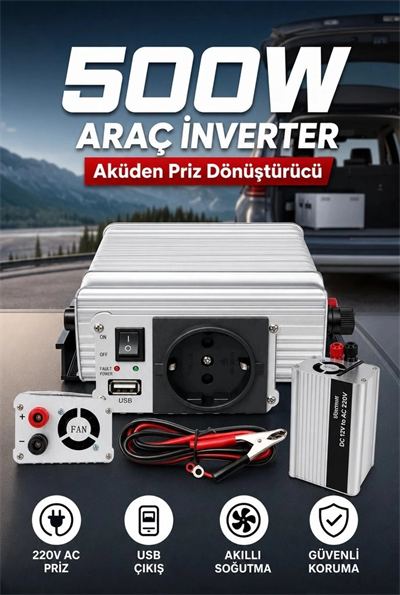 500W 12V DC 220V AC İnverter USB Çıkışlı Fanlı Akü Güç Dönüştürücü Araç Kullanımı