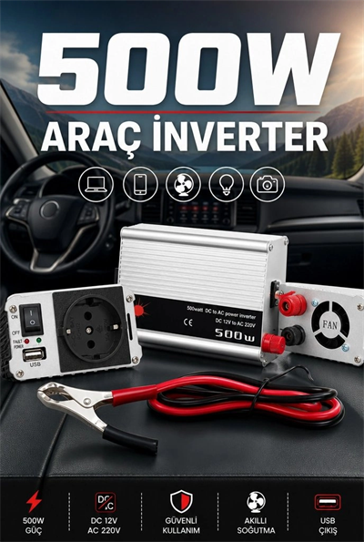 500W 12V DC 220V AC İnverter USB Çıkışlı Fanlı Akü Güç Dönüştürücü Araç Kullanımı