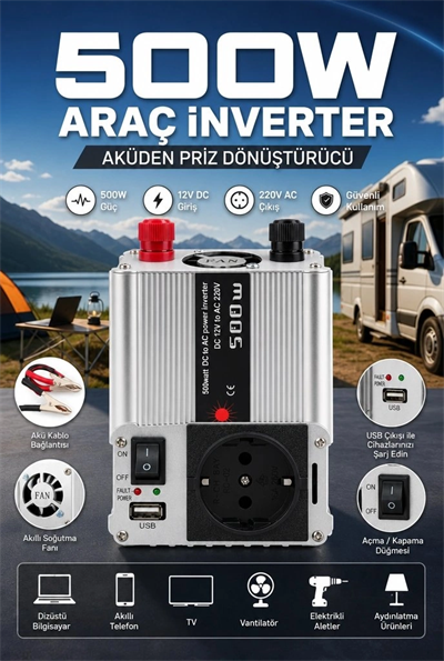 500W Fanlı Akü İnverteri 12V DC Giriş 220V AC Çıkış USB Portlu Taşınabilir Araç Kullanımı