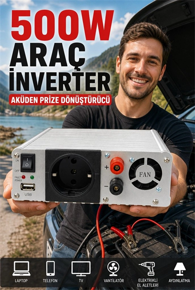 500W Fanlı Akü İnverteri 12V DC Giriş 220V AC Çıkış USB Portlu Taşınabilir Araç Kullanımı