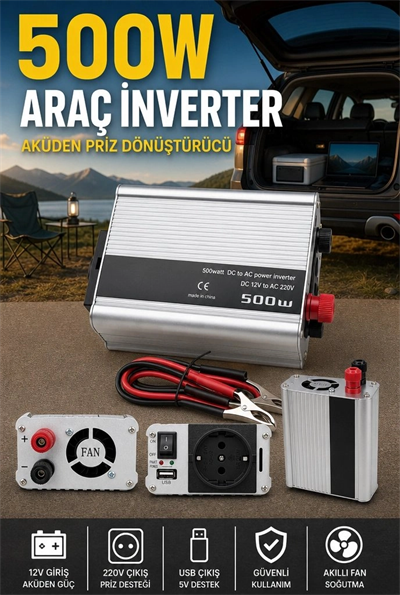500W Fanlı Akü İnverteri 12V DC Giriş 220V AC Çıkış USB Portlu Taşınabilir Araç Kullanımı