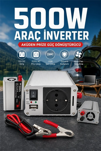 500W Fanlı Akü İnverteri 12V DC Giriş 220V AC Çıkış USB Portlu Taşınabilir Araç Kullanımı