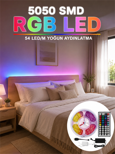 5050 SMD RGB LED Şerit 5 Metre Kumandalı Renkli TV Oda Masa Arkası Dekoratif Aydınlatma Seti