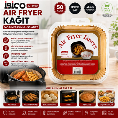 50pcs Kare Taban: 16cm - Kenar: 4.5cm Air Fryer Pişirme Kalıp Kağıt Bx40