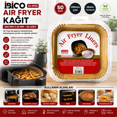 50pcs Kare Taban: 20cm - Kenar: 4.5cm Air Fryer Pişirme Kalıp Kağıt Bx40