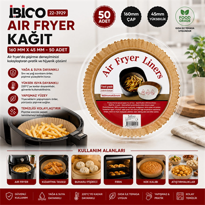 50pcs Yuvarlak Taban: 16cm - Kenar: 4.5cm Air Fryer Pişirme Kalıp Kağıt Bx40