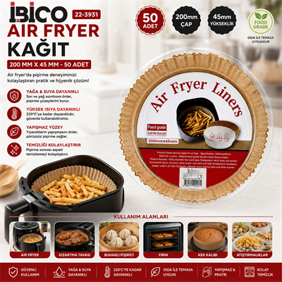 50pcs Yuvarlak Taban: 20cm - Kenar: 4.5cm Air Fryer Pişirme Kalıp Kağıt Bx40