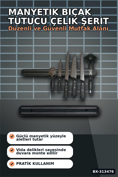 55 Cm Manyetik Bıçak Tutucu - Duvara Monte Çelik Şerit, Mutfak Bıçak Askısı BX-313476