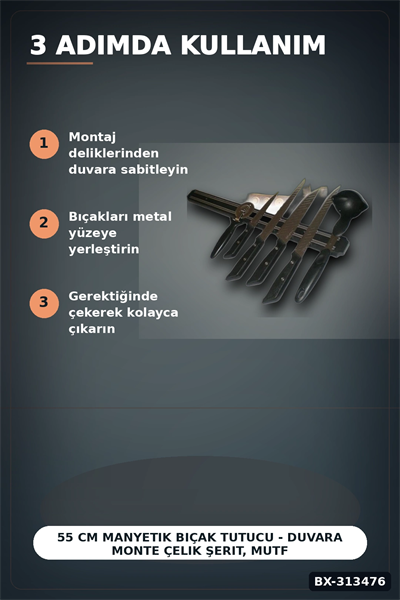 55 Cm Manyetik Bıçak Tutucu - Duvara Monte Çelik Şerit, Mutfak Bıçak Askısı BX-313476