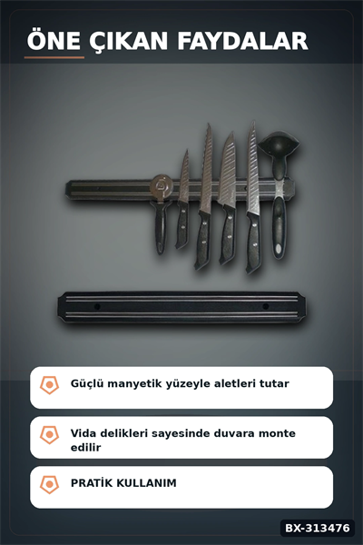 55 Cm Manyetik Bıçak Tutucu - Duvara Monte Çelik Şerit, Mutfak Bıçak Askısı BX-313476