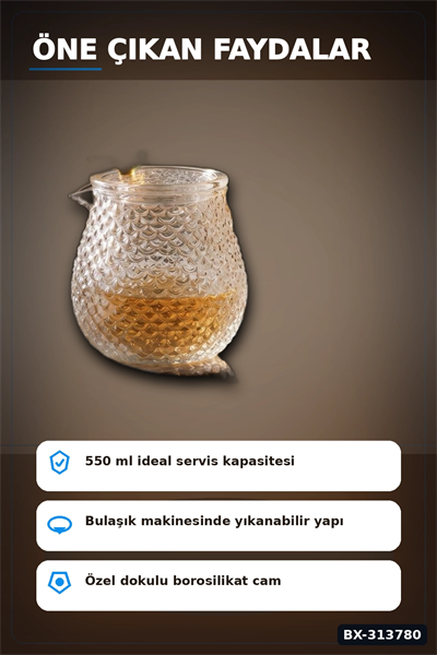 550 Ml Borosilikat Cam Demlik Isıya Dayanıklı Dokulu Gövdeli Kapaklı Detay BX-313780
