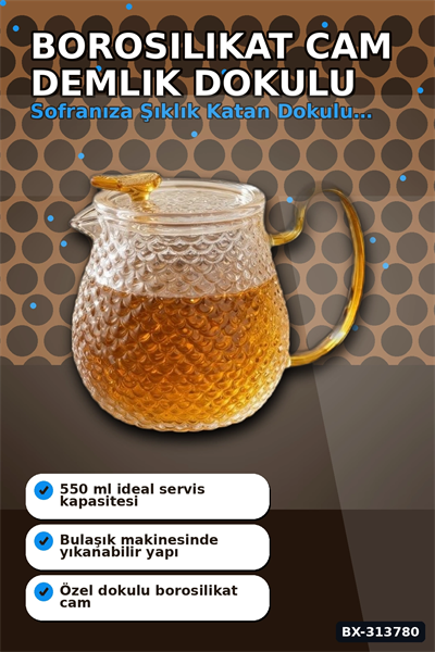 550 Ml Borosilikat Cam Demlik Isıya Dayanıklı Dokulu Gövdeli Kapaklı Detay BX-313780