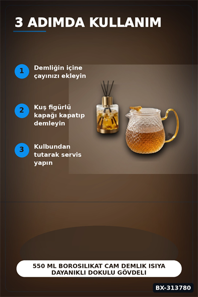 550 Ml Borosilikat Cam Demlik Isıya Dayanıklı Dokulu Gövdeli Kapaklı Detay BX-313780