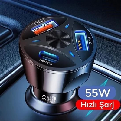 55w 3 Port Usb Araç İçin Telefon Şarj Cihazı 3 Girişli Çakmaklık Adaptör-31a Pd 20w Qc 30
