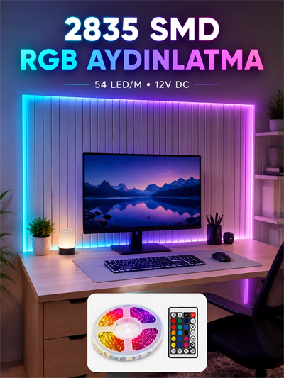5M RGB Şerit LED Seti 12V 2835 SMD Kumandalı Ev Oda ve Dekoratif Ambiyans Aydınlatma