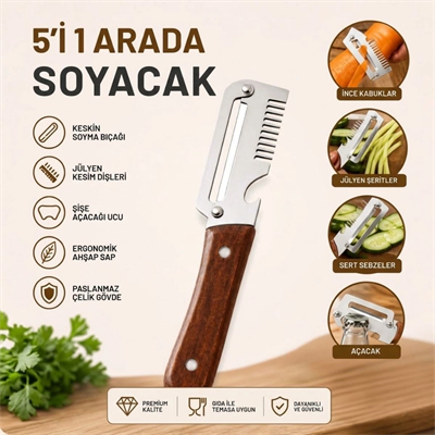 5'i 1 Arada Çok Fonksiyonlu Sebze Ve Patates Soyucu, Paslanmaz Çelik Bıçaklı, Ahşap Saplı Mutfak Jülyen Soyacak, Şişe Açacağı Bx40