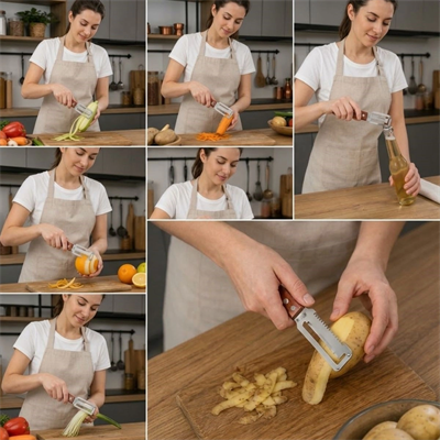 5'i 1 Arada Çok Fonksiyonlu Sebze Ve Patates Soyucu, Paslanmaz Çelik Bıçaklı, Ahşap Saplı Mutfak Jülyen Soyacak, Şişe Açacağı Bx40