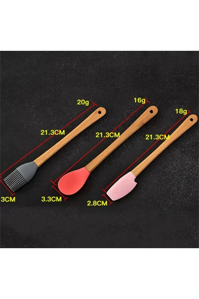 5'li Renkli Ahşap Saplı Silikon Uçlu Spatula Fırçalı Kaşık Seti -yemek Hazırlık Seti 21 Cm