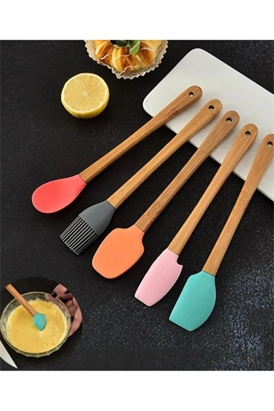 5'li Renkli Ahşap Saplı Silikon Uçlu Spatula Fırçalı Kaşık Seti -yemek Hazırlık Seti 21 Cm