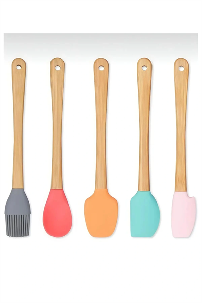 5'li Renkli Ahşap Saplı Silikon Uçlu Spatula Fırçalı Kaşık Seti -yemek Hazırlık Seti 21 Cm