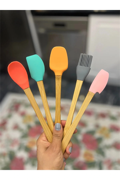 5'li Renkli Ahşap Saplı Silikon Uçlu Spatula Fırçalı Kaşık Seti -yemek Hazırlık Seti 21 Cm