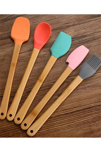 5'li Renkli Ahşap Saplı Silikon Uçlu Spatula Fırçalı Kaşık Seti -yemek Hazırlık Seti 21 Cm