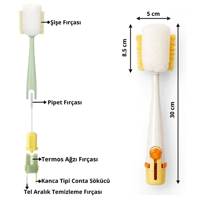 5’i 1 Arada Çok Amaçlı Şişe Temizleme Fırçası – Sürahi, Kavanoz, Pipet, Kapak, Emzik Ve Biberon Temizlik Seti Bx40