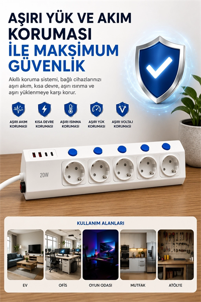 5’li Akım Korumalı Çoklu Priz 2 Metre Kablolu 3680w 16a 5 Anahtarlı 2usb-a 2 Usb-c Pd 20w Hızlı Ftr-28
