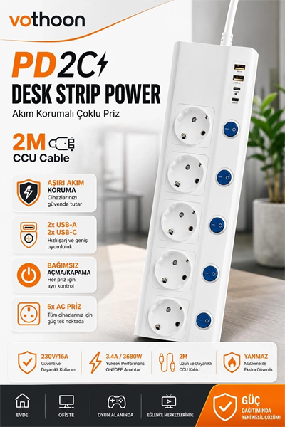 5’li Akım Korumalı Çoklu Priz 2 Metre Kablolu 3680w 16a 5 Anahtarlı 2usb-a 2 Usb-c Pd 20w Hızlı Ftr-28
