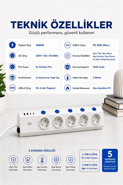 5’li Akım Korumalı Çoklu Priz 2 Metre Kablolu 3680w 16a 5 Anahtarlı 2usb-a 2 Usb-c Pd 20w Hızlı Ftr-28