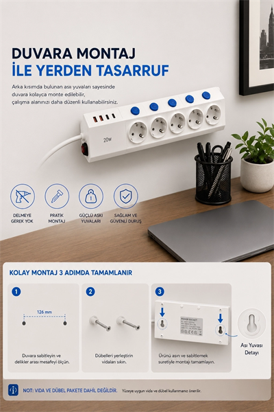 5’li Akım Korumalı Çoklu Priz 2 Metre Kablolu 3680w 16a 5 Anahtarlı 2usb-a 2 Usb-c Pd 20w Hızlı Ftr-28