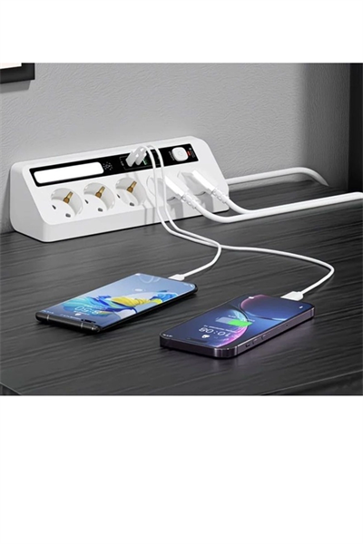 5’li Akım Korumalı Priz 2500w | 2 Usb + 2 Type-c Hızlı Şarj | Led Gece Lambalı | Dokunmatik Beyaz