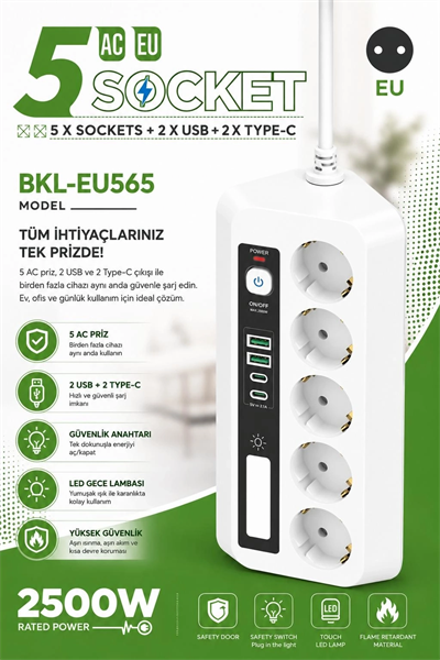 5’li Akım Korumalı Priz 2500w | 2 Usb + 2 Type-c Hızlı Şarj | Led Gece Lambalı | Dokunmatik Beyaz