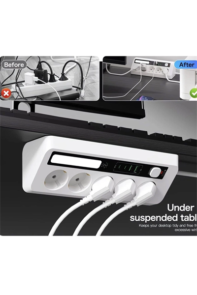 5’li Akım Korumalı Priz 2500w | 2 Usb + 2 Type-c Hızlı Şarj | Led Gece Lambalı | Dokunmatik Beyaz